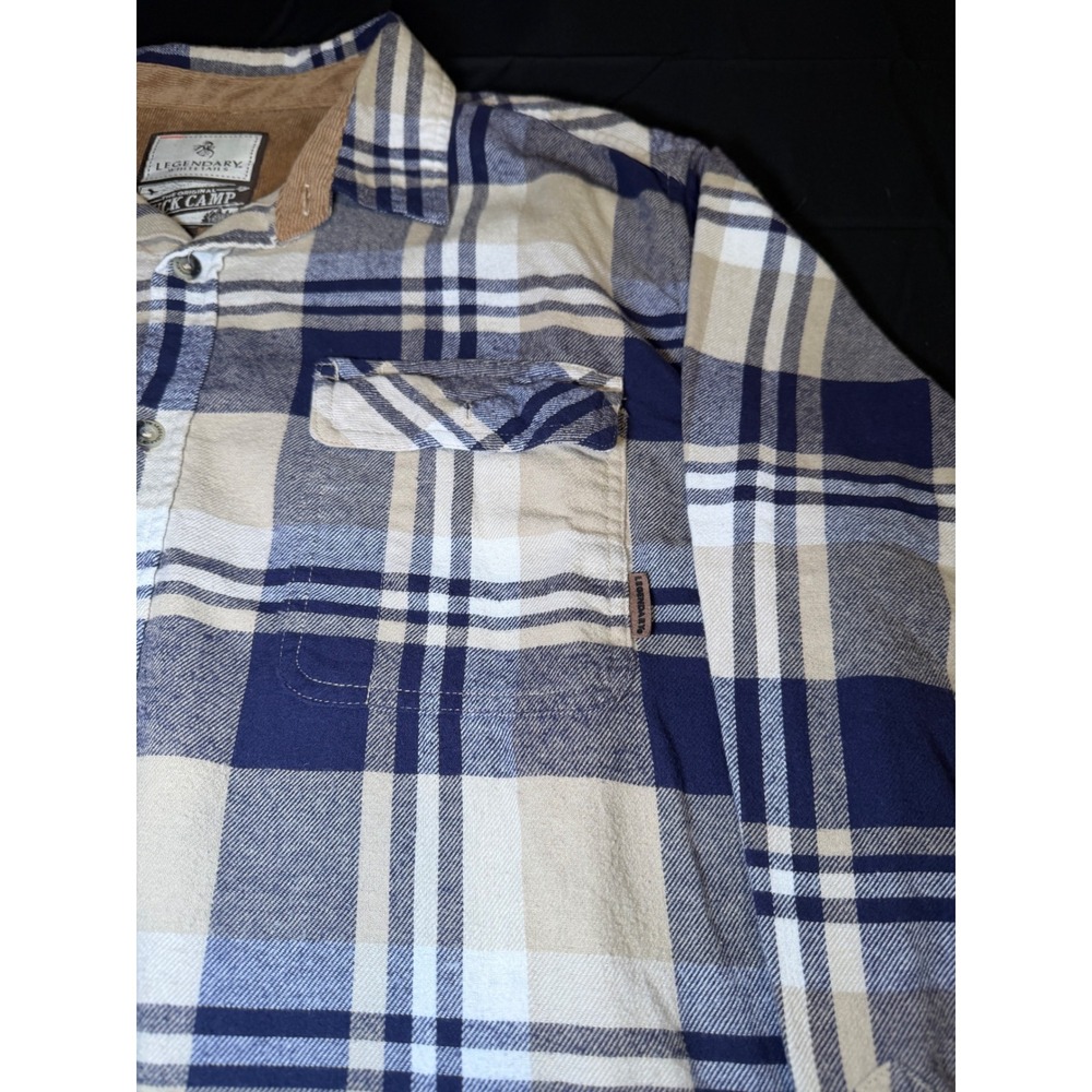 Legendary Whitetails Buck Camp Flannel Shirt Navy Tan Plaid XL Corduroy Trim - Picture 3 of 5